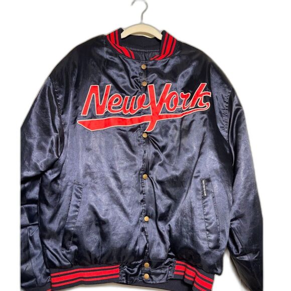 New York Satin Bomber Jacket Varsity Collegiate Renegade VTG Size 2XL Blue Red - Picture 1 of 7